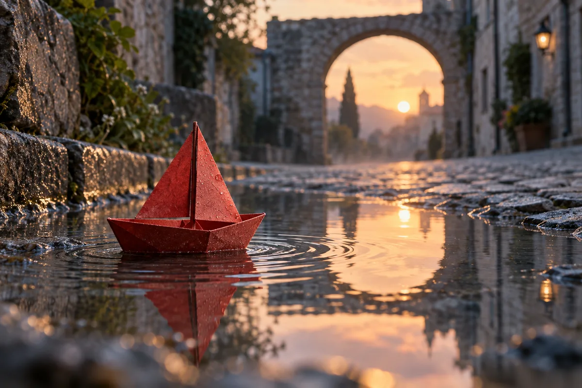 Illustrative red paper sailboat in a dawn puddle with space around its silhouette