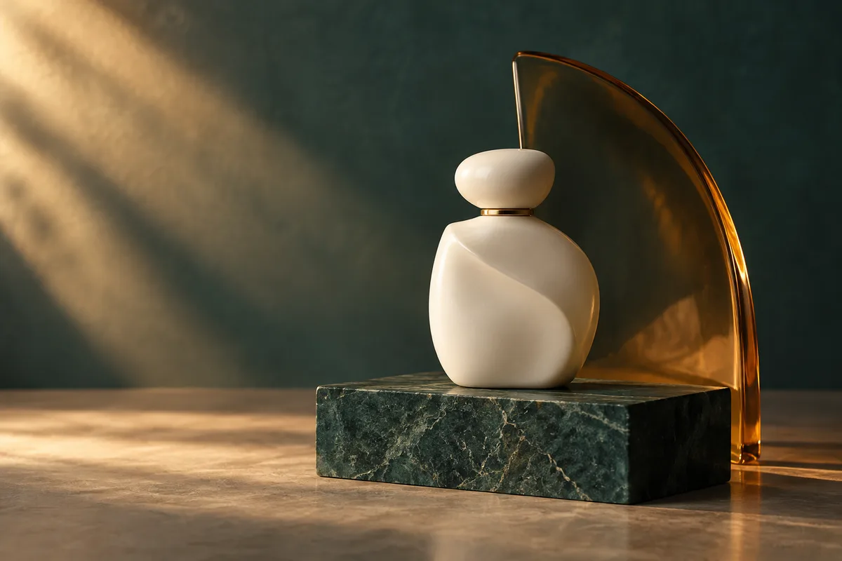 Illustrative ivory ceramic bottle beside amber glass on a teal pedestal