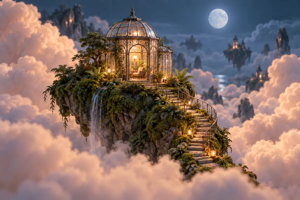 Illustrative miniature greenhouse floating among peach clouds at moonrise