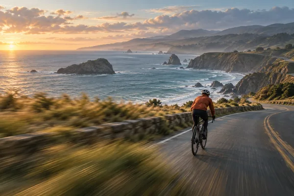 An orange-jacketed cyclist follows a coastal road with layered sea views and foreground motion.