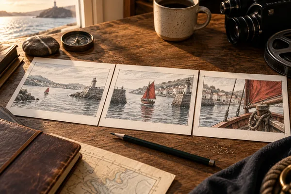 Storyboard cards depicting a red sailboat approaching a harbor on a director’s wooden worktable.