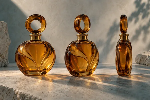 Three concept views of an amber glass bottle with a circular stopper on pale stone.