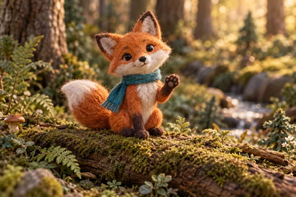 An original orange felt fox with a teal scarf raises one paw on a mossy woodland log, a character-animation concept.
