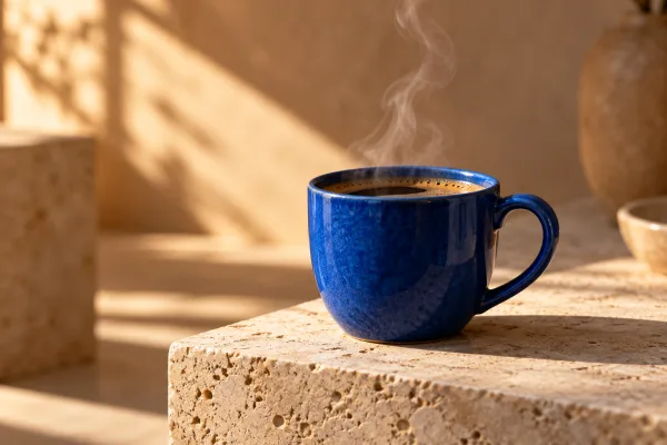 Steam rises from a cobalt blue ceramic coffee cup on pale stone in warm studio light, a product-motion concept.