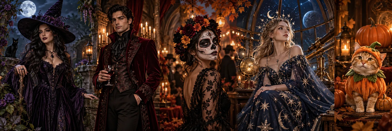 Illustrative Halloween moodboard: gothic witch, vampire, skeleton makeup, cosmic princess and a cat in a pumpkin costume