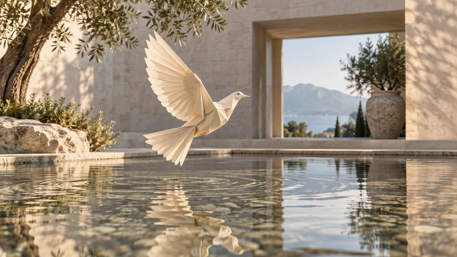 Ivory paper bird above a sunlit courtyard reflecting pool