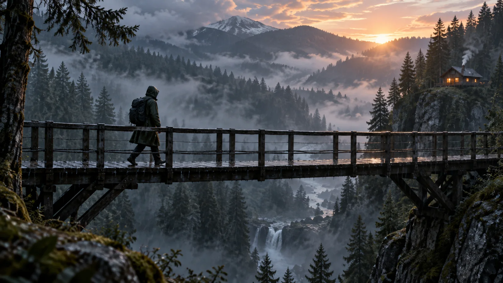 Raincoated traveler crossing a forest bridge at sunrise